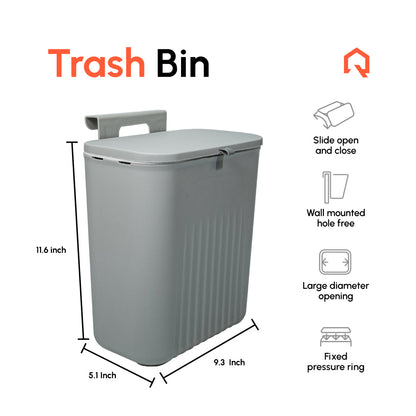 Multifunctional Plastic Trash Bin With Lid (9L) - Grey